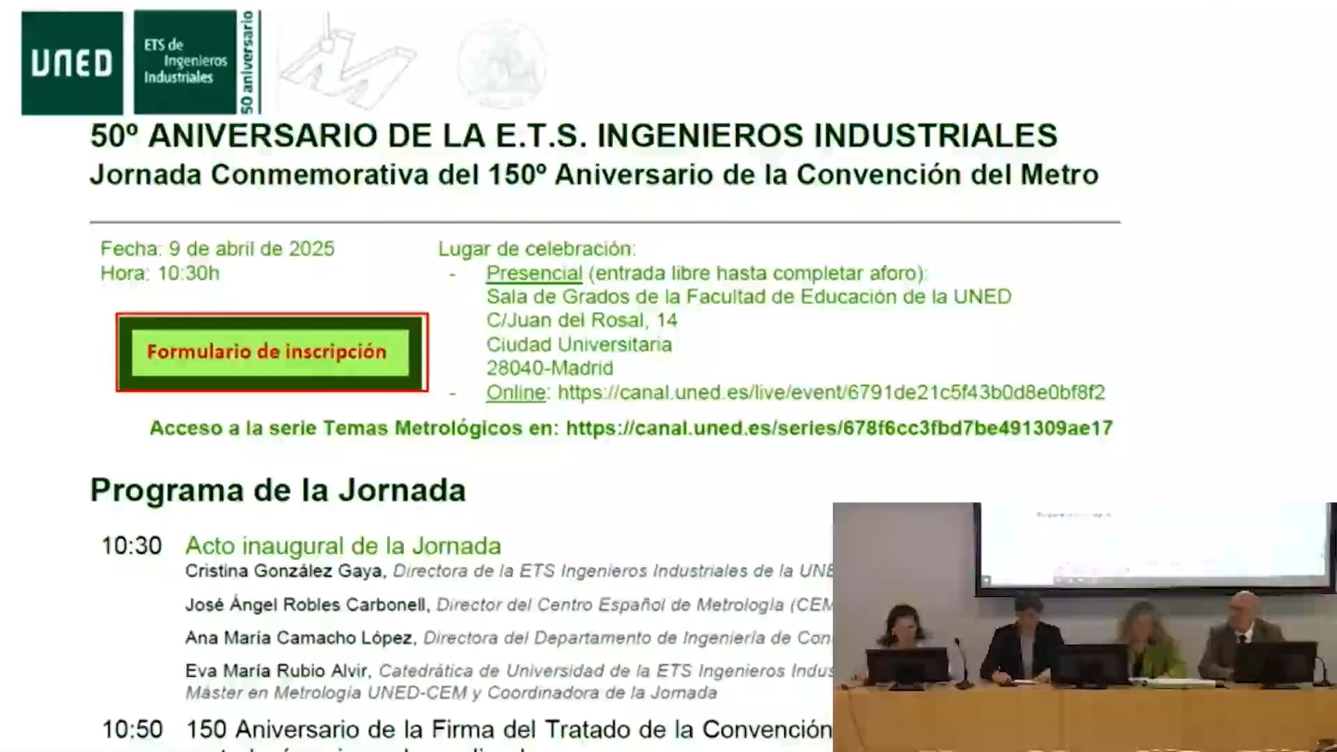 Acto inaugural de la Jornada "Conmemorativa del 150º Aniversario de la Convención del Metro"