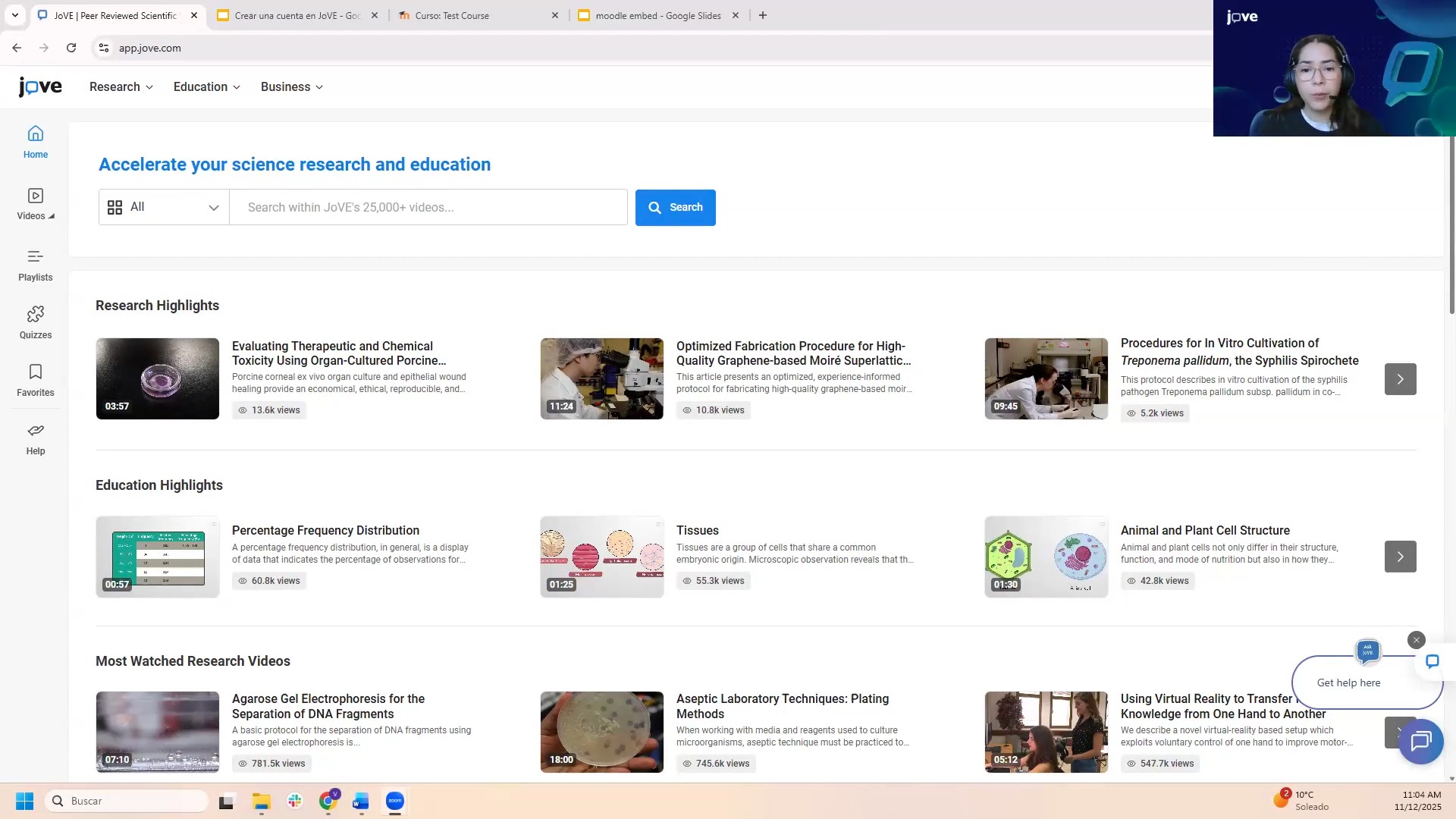 Seminario sobre JoVE: plataforma de videos científicos y educativos