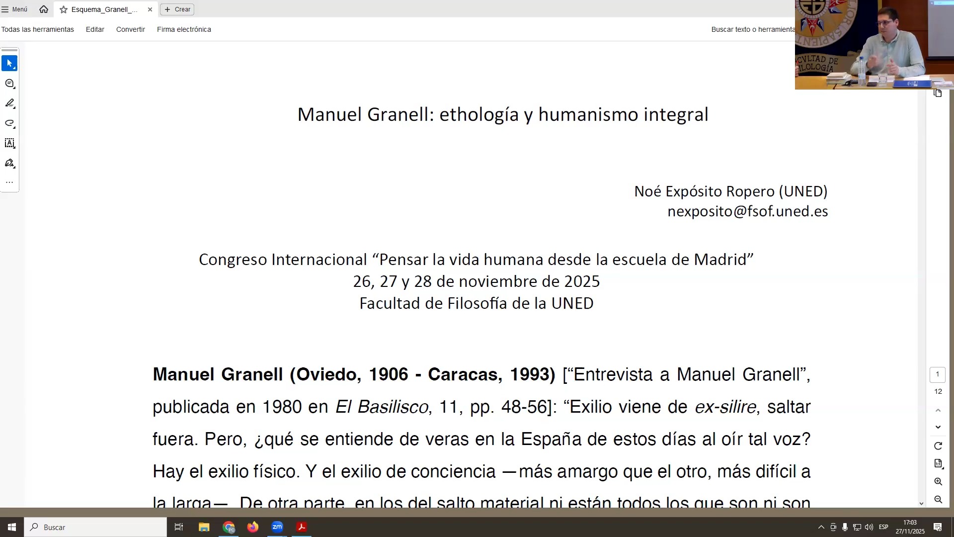 Manuel Granell: ethología y humanismo integral