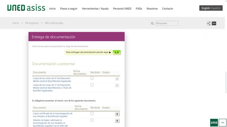 UNEDasiss. Pago, envío de documentación y resguardo